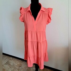 Umgee Women’s Md Mini Dress Tiered Coral V-Neck Collar Ruffle Cap Sleeve Preppy
